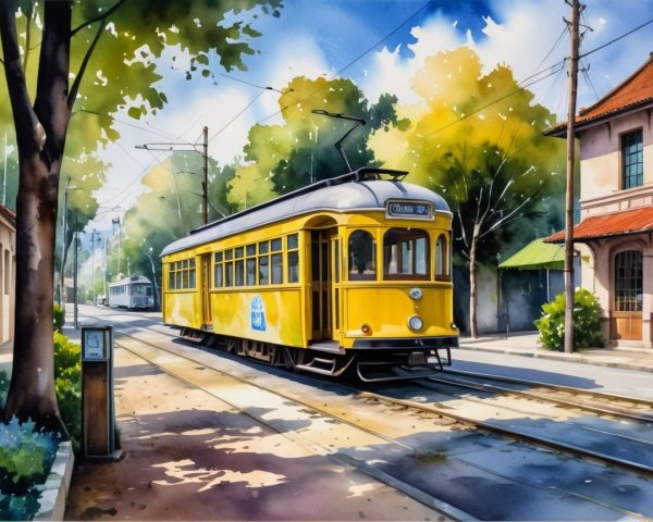 Watercolor Scene of Yellow Tram in Urban Setting