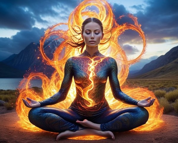 Meditating Figure in Vibrant Suit Amidst Dramatic Landscape