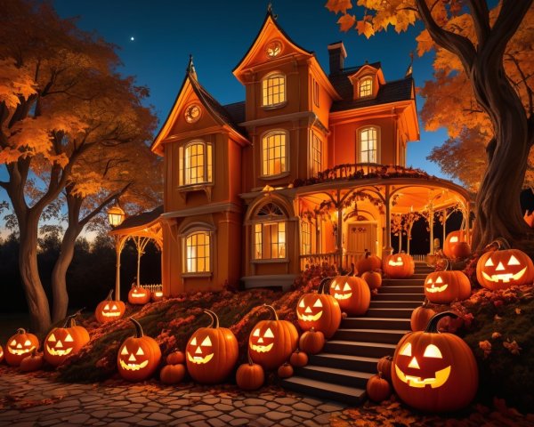 Victorian House Surrounded by Autumn Foliage and Pumpkins