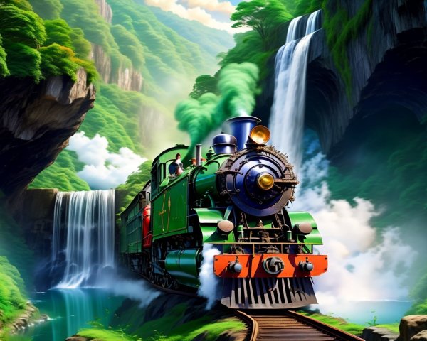 Vibrant Steam Train in Lush Green Landscape