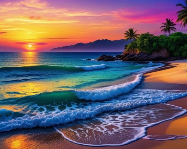 Serene Beach Sunset with Vibrant Colors and Palm Trees