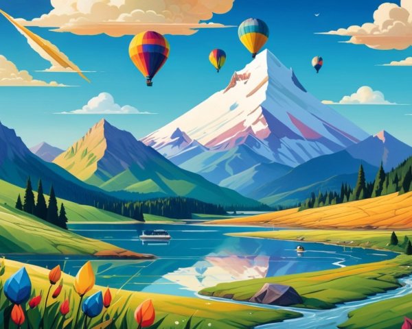 Colorful Hot Air Balloons Over Snow-Capped Mountains
