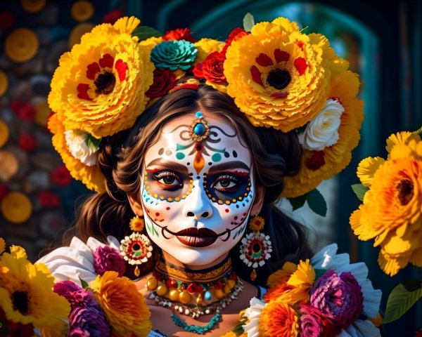 Portrait of a woman with floral adornments and face paint