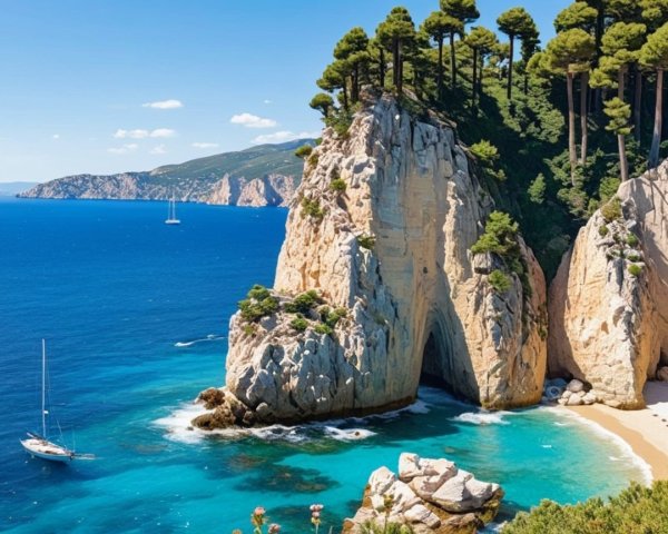Coastal Scene with Cliffs, Pine Trees, and Sailboat