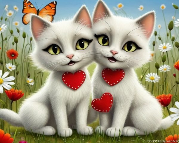 Two White Kittens in a Colorful Meadow Scene