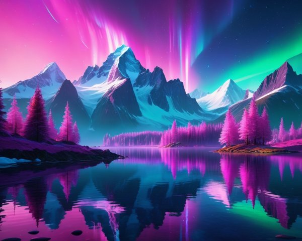 Snowy Mountains and Aurora over a Serene Lake