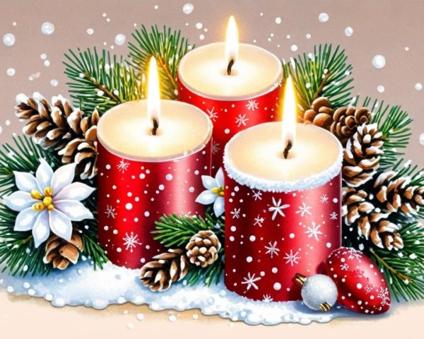 Red Candles Surrounded by Snowy Holiday Decor