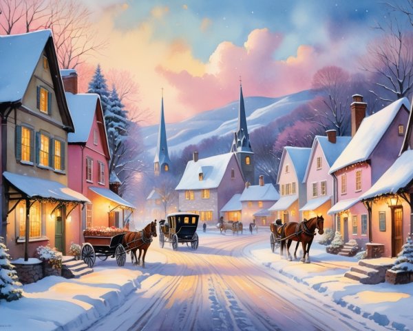 Winter Village Scene at Dusk with Snow and Carriages