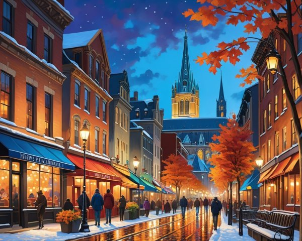 Winter Street Scene with Snow and Brick Buildings