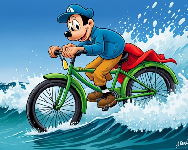 Cartoon Character Riding Bicycle Through Ocean Waves