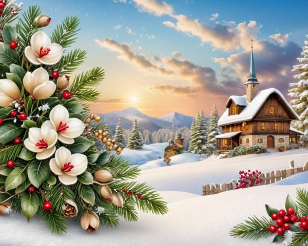 Winter Landscape with Snow-Covered House and Trees