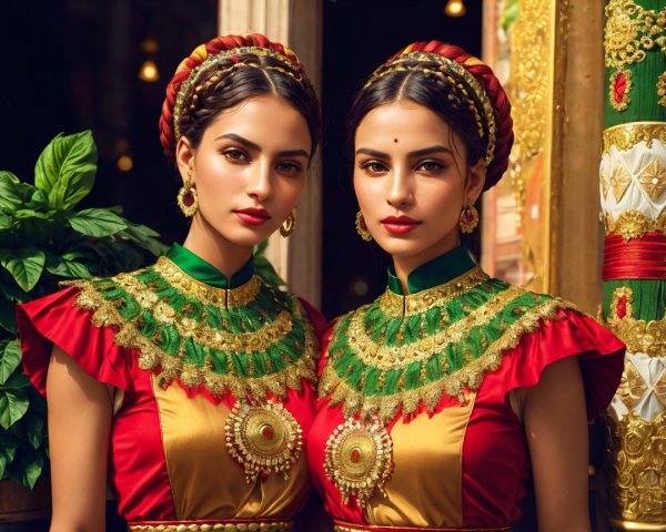 Elegant Women in Traditional Attire with Gold Embellishments