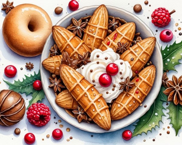 Watercolor Illustration of Festive Dessert Scene