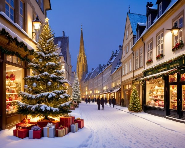 Winter Street Scene with Snow and Evening Lights