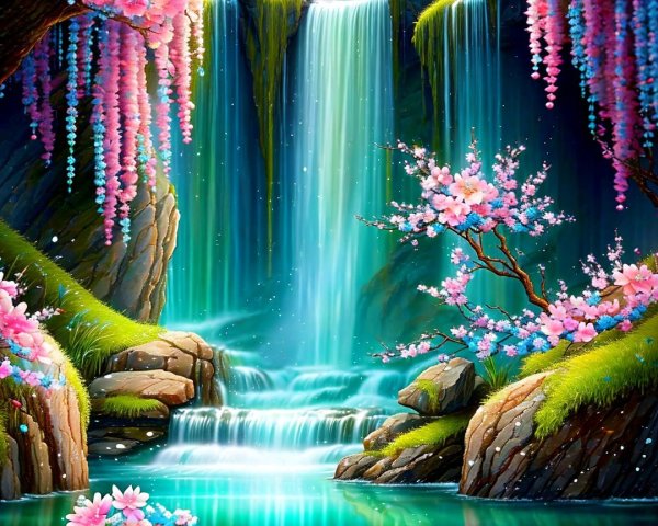 Majestic Waterfall Surrounded by Cherry Blossoms