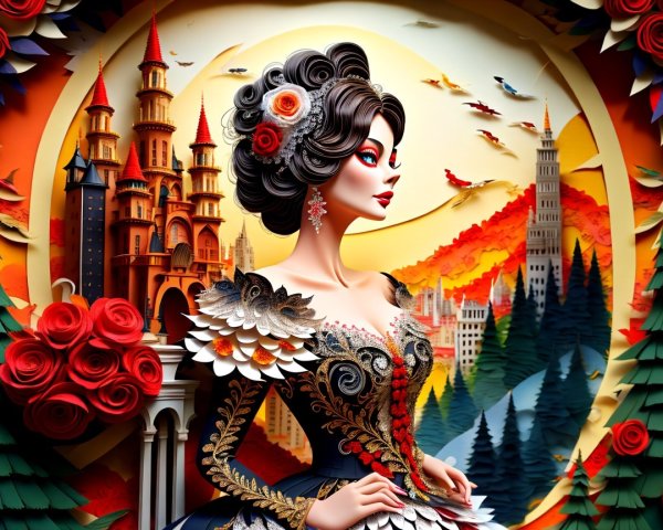 Intricate Paper-Cut Illustration of Elegant Woman
