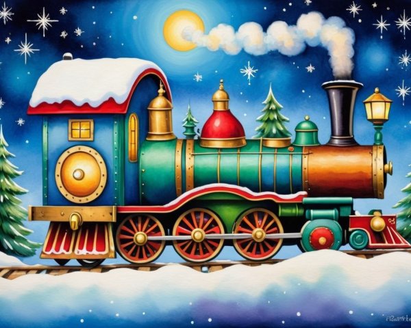 Whimsical Christmas Steam Train Painting on Snowy Night