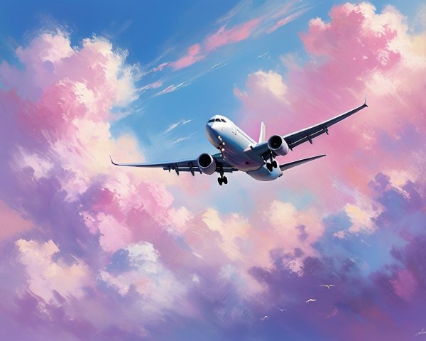 Sleek Airplane in Vibrant Sky with Clouds and Birds