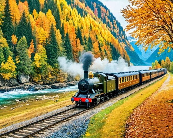 Vintage steam train on scenic autumn railway