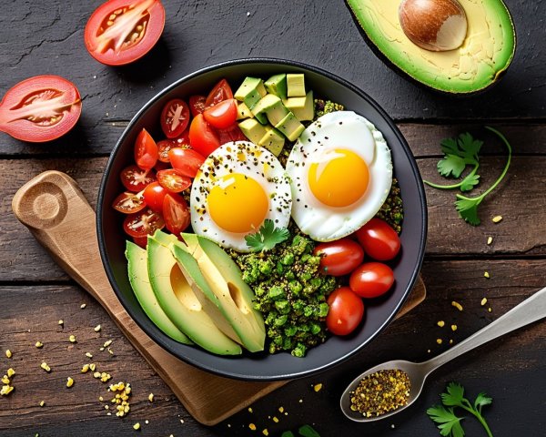 Vibrant Bowl of Sunny-Side-Up Eggs and Fresh Ingredients