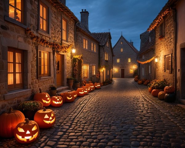 Cozy Halloween Scene on a Cobblestone Street