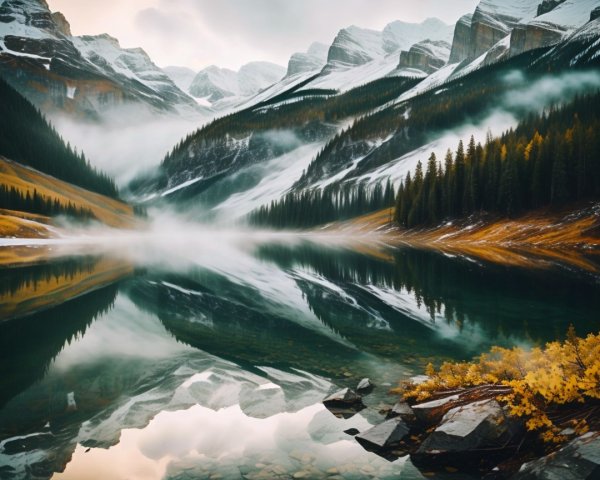 Serene Lake Surrounded by Snow-Capped Mountains