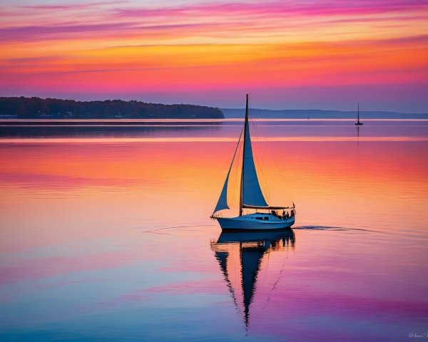 Sunset Serenity Over Water with Sailboats