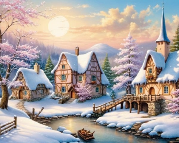 Vibrant Storybook Winter Wonderland with Cottages