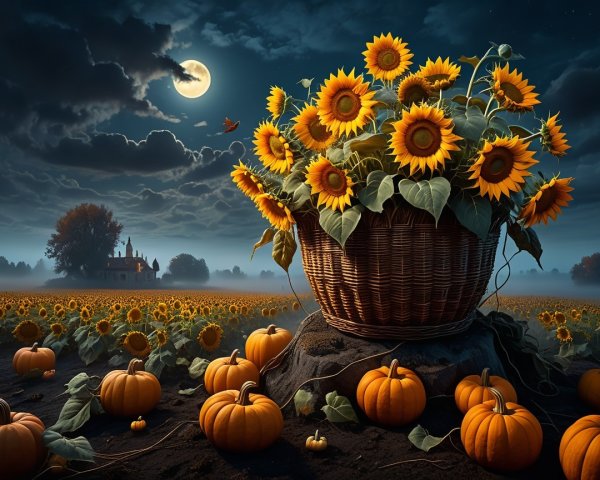 Moonlit Scene with Sunflowers and Pumpkins