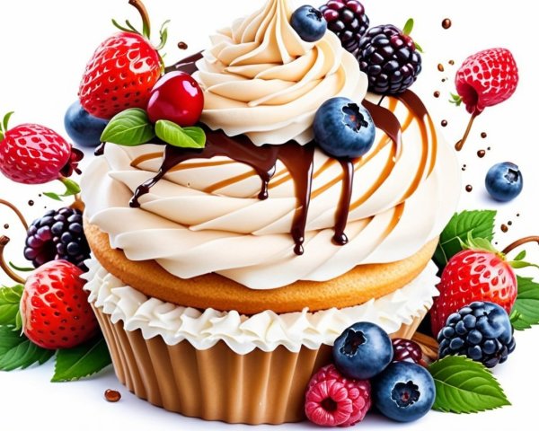 Cupcake with Creamy Frosting and Fresh Berries