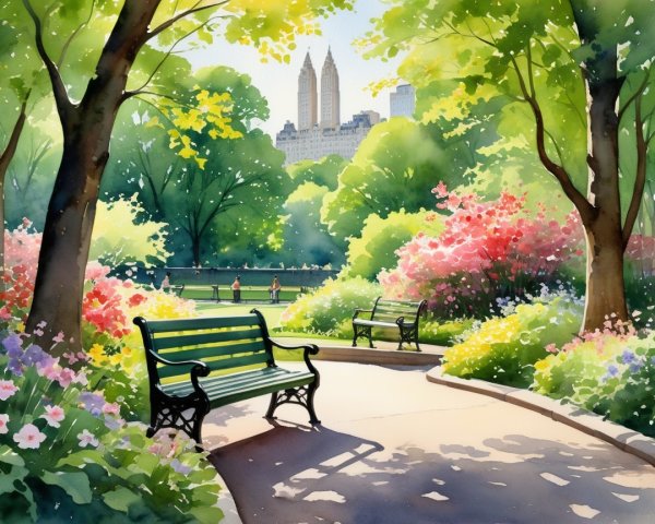 Serene Park Scene with Vibrant Flowers and Trees