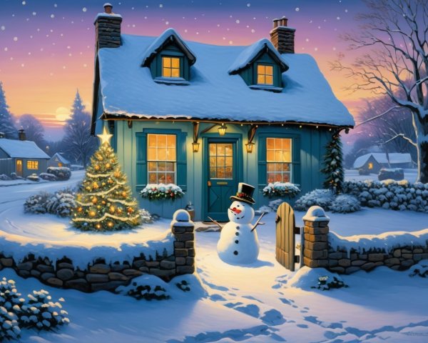 Cozy Blue Cottage in a Winter Wonderland Scene