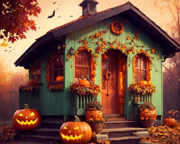Charming Green Cottage Decorated for Halloween