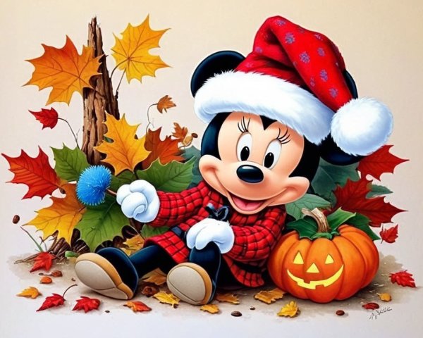 Minnie Mouse in Festive Autumn Scene with Pumpkin