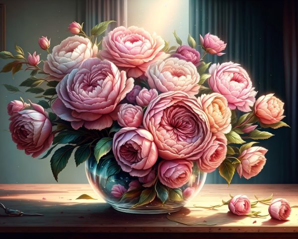 Lush Pink Peonies in Glass Vase with Rose Buds