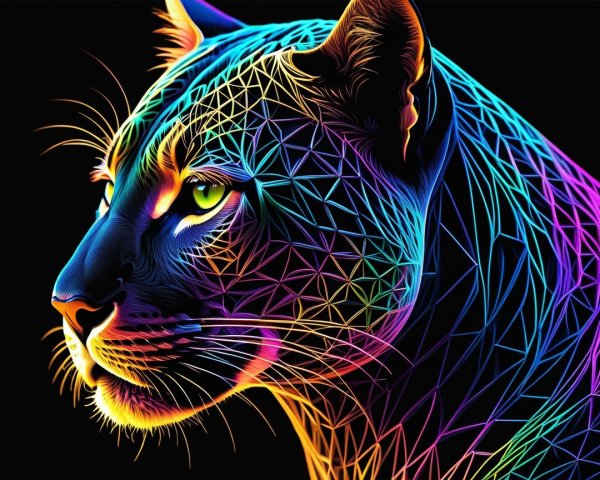 Abstract Jaguar Face with Neon Lines and Shapes