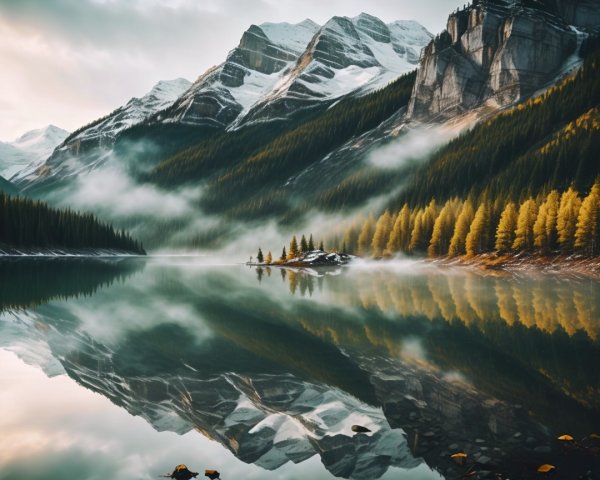 Snow-Capped Mountains and Lake in Serene Landscape