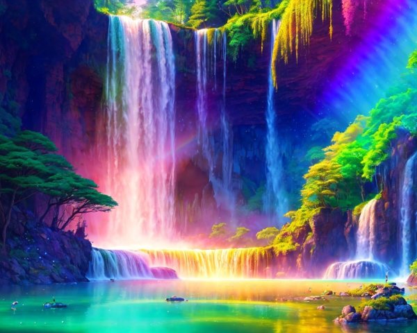 Vibrant Waterfall Surrounded by Lush Greenery and Rainbows