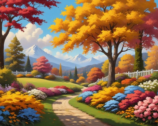 Autumn Landscape with Winding Path and Colorful Garden