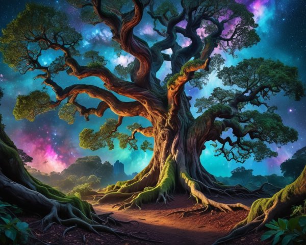 Ancient tree in vibrant, otherworldly landscape