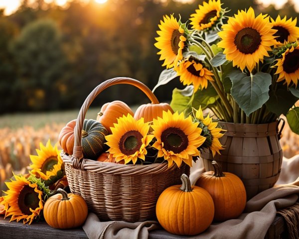 Warm Autumn Scene with Pumpkins and Sunflowers