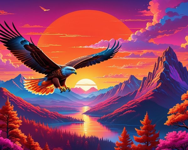 Eagle Soaring Over Vibrant Sunset Landscape