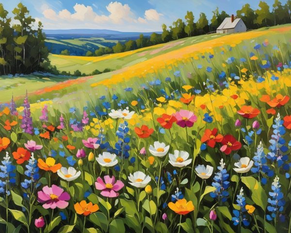 Vibrant Landscape with Wildflowers and Cottage