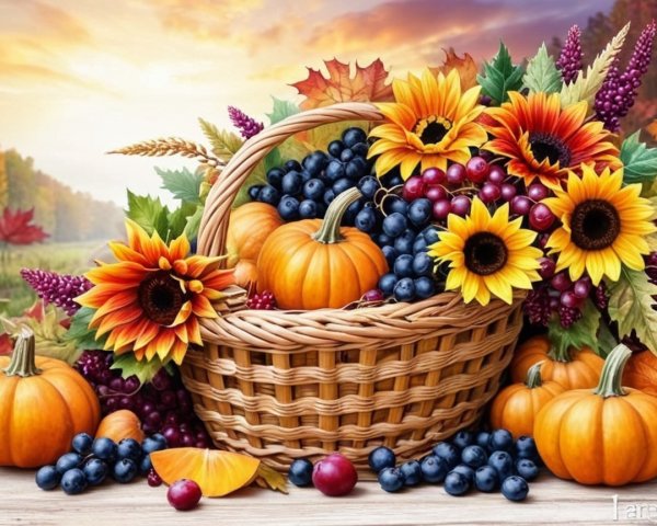 Wicker Basket Filled with Autumn Harvest Elements