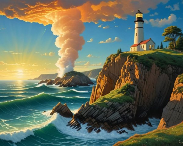 Coastal Scene with Lighthouse and Sunset Glow