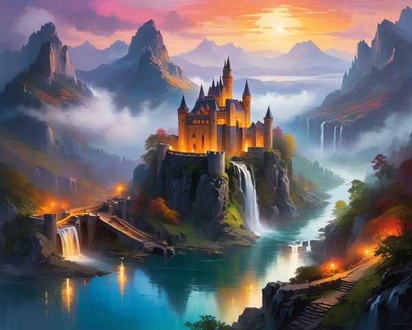 Castle on a Cliff with Waterfalls and Golden Light