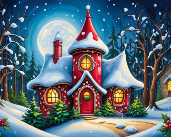 Whimsical Red House in Snowy Fantasy Landscape
