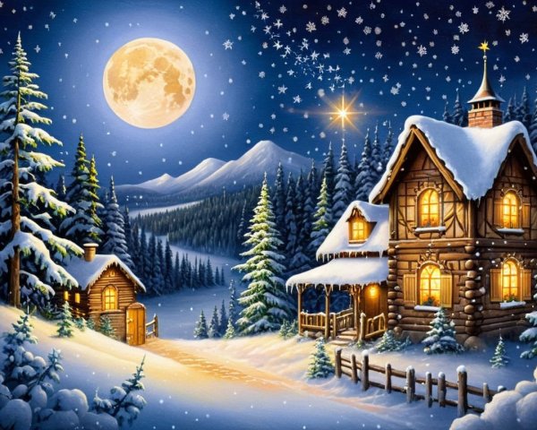 Cozy Log Cabin in Serene Winter Landscape at Night