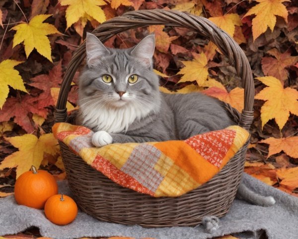 Fluffy gray cat in basket with autumn leaves and oranges