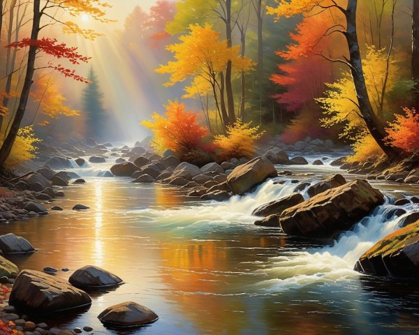 Autumn River Flowing Through Colorful Forest Landscape
